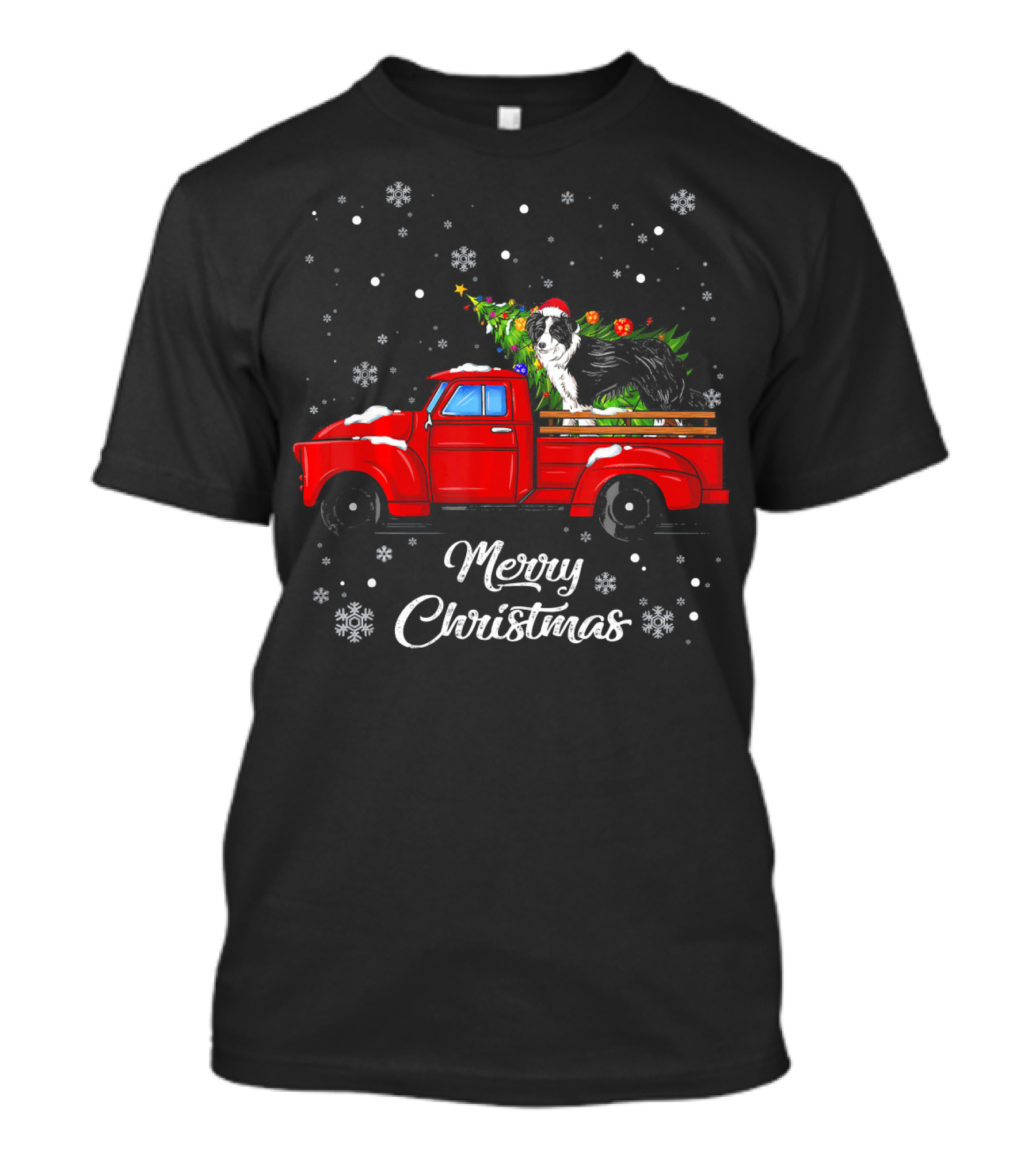 Merry Christmas Border Collie On Red Truck With Christmas Tree And Snowflakes T-Shirt