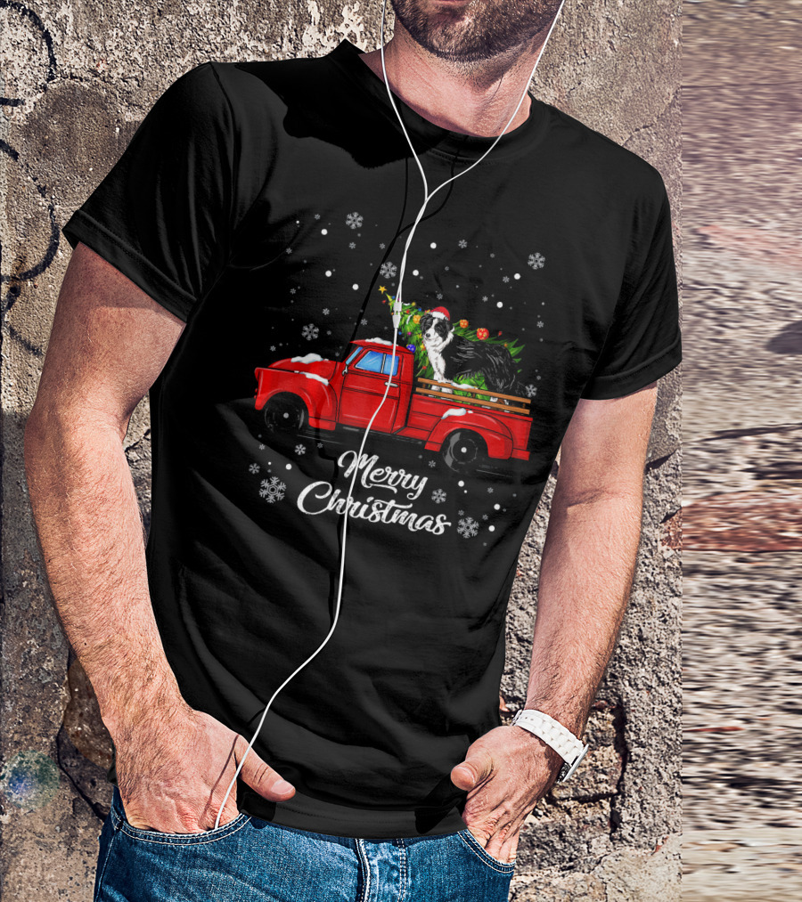 Merry Christmas Border Collie On Red Truck With Christmas Tree And Snowflakes T-Shirt