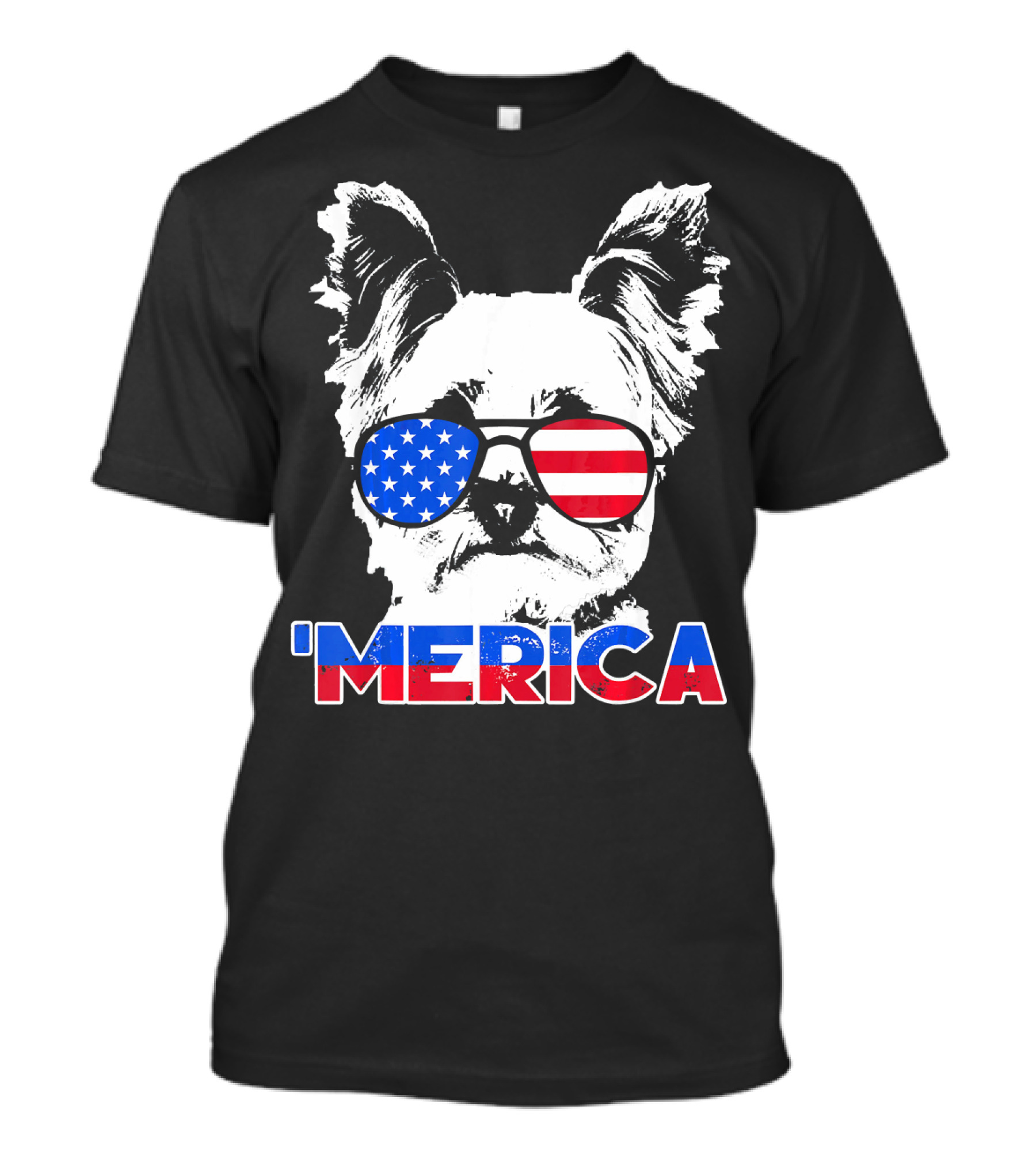Patriot Yorkie 'Merica USA Sunglasses Stars Stripes T-Shirt