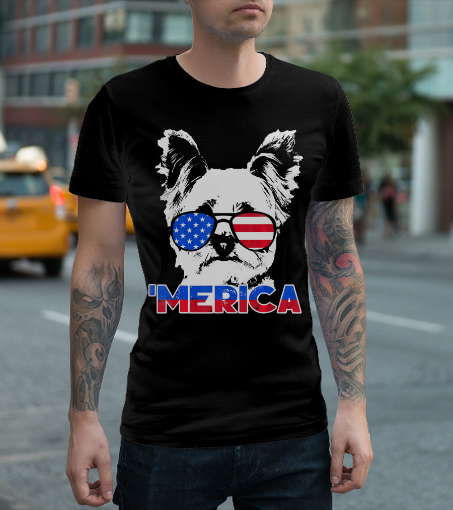 Patriot Yorkie 'Merica USA Sunglasses Stars Stripes T-Shirt