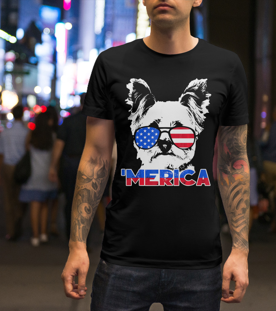 Patriot Yorkie 'Merica USA Sunglasses Stars Stripes T-Shirt