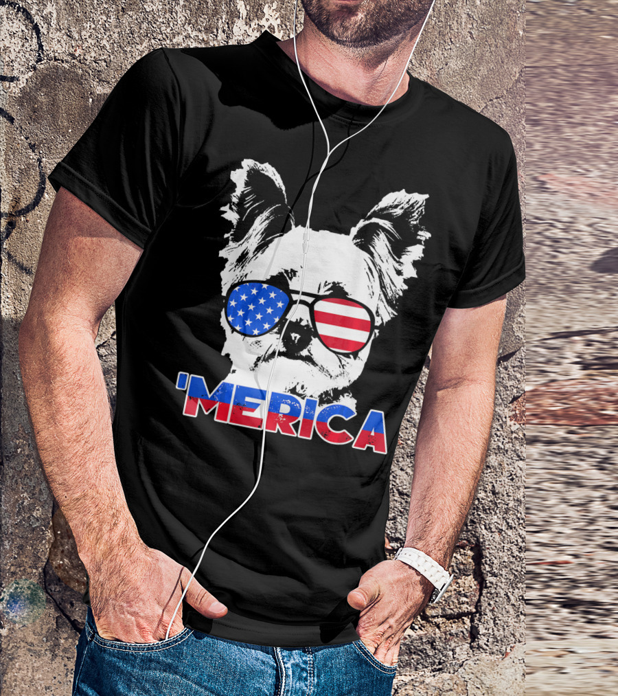 Patriot Yorkie 'Merica USA Sunglasses Stars Stripes T-Shirt