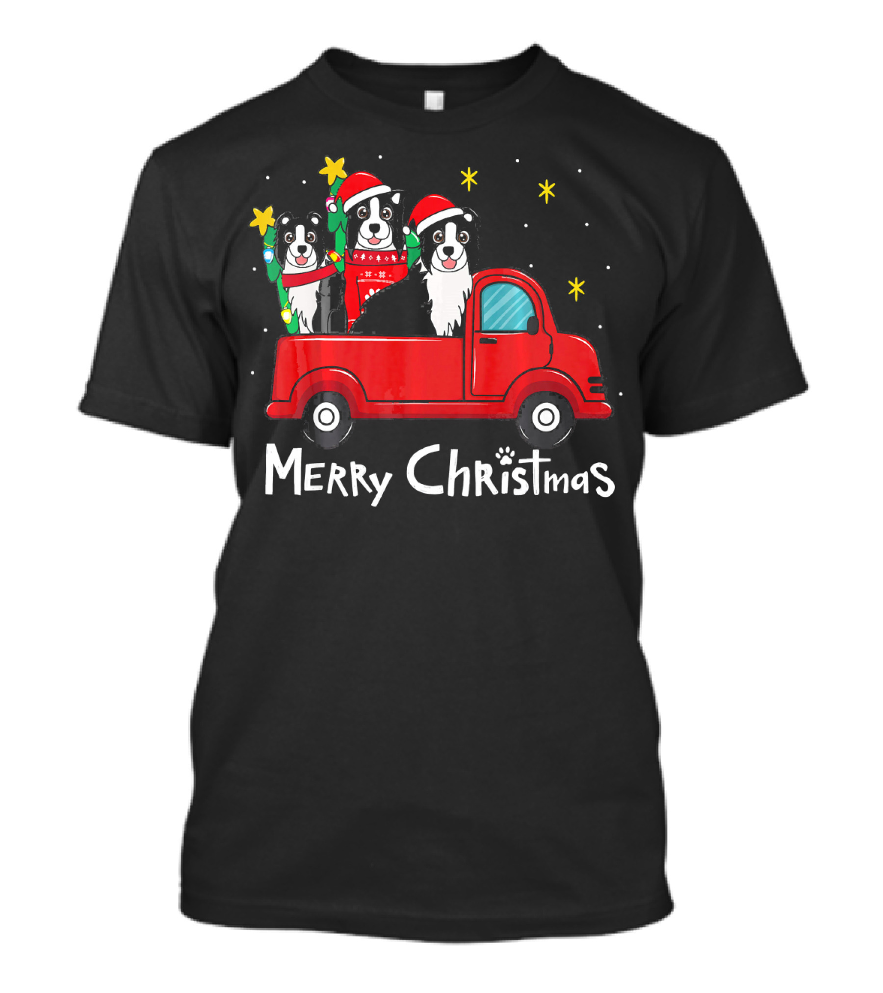Merry Christmas Border Collie Red Truck Tree T-Shirt
