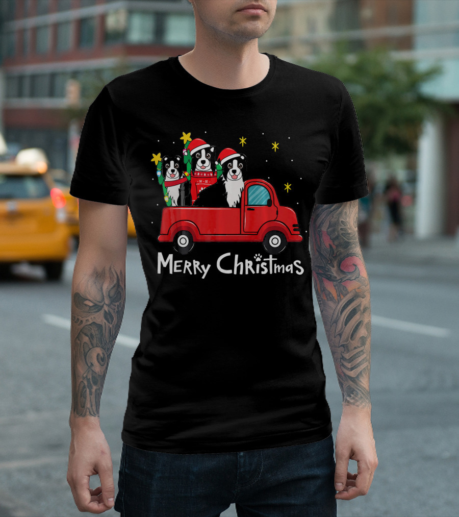 Merry Christmas Border Collie Red Truck Tree T-Shirt