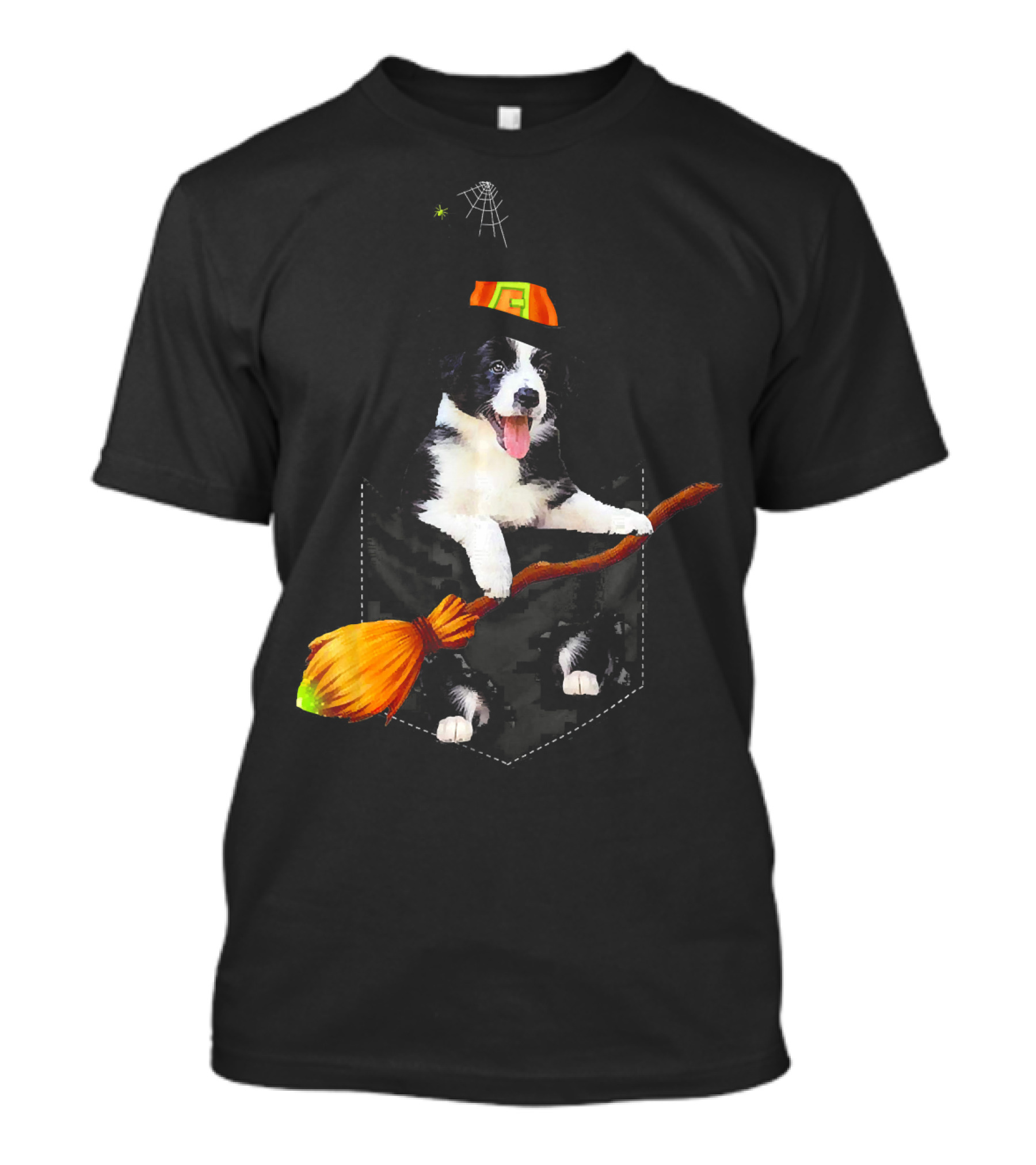 Border Collie Witch Pocket Halloween Dog With Broomstick And Spider Web T-Shirt