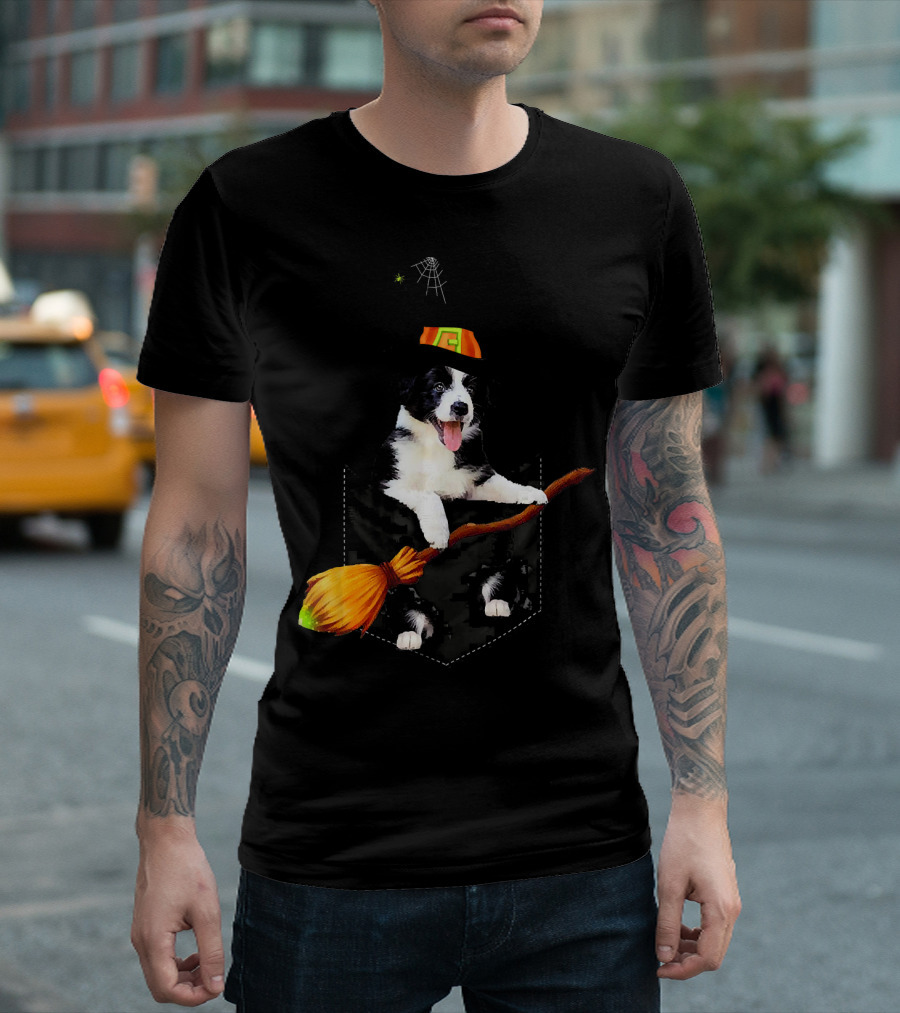 Border Collie Witch Pocket Halloween Dog With Broomstick And Spider Web T-Shirt