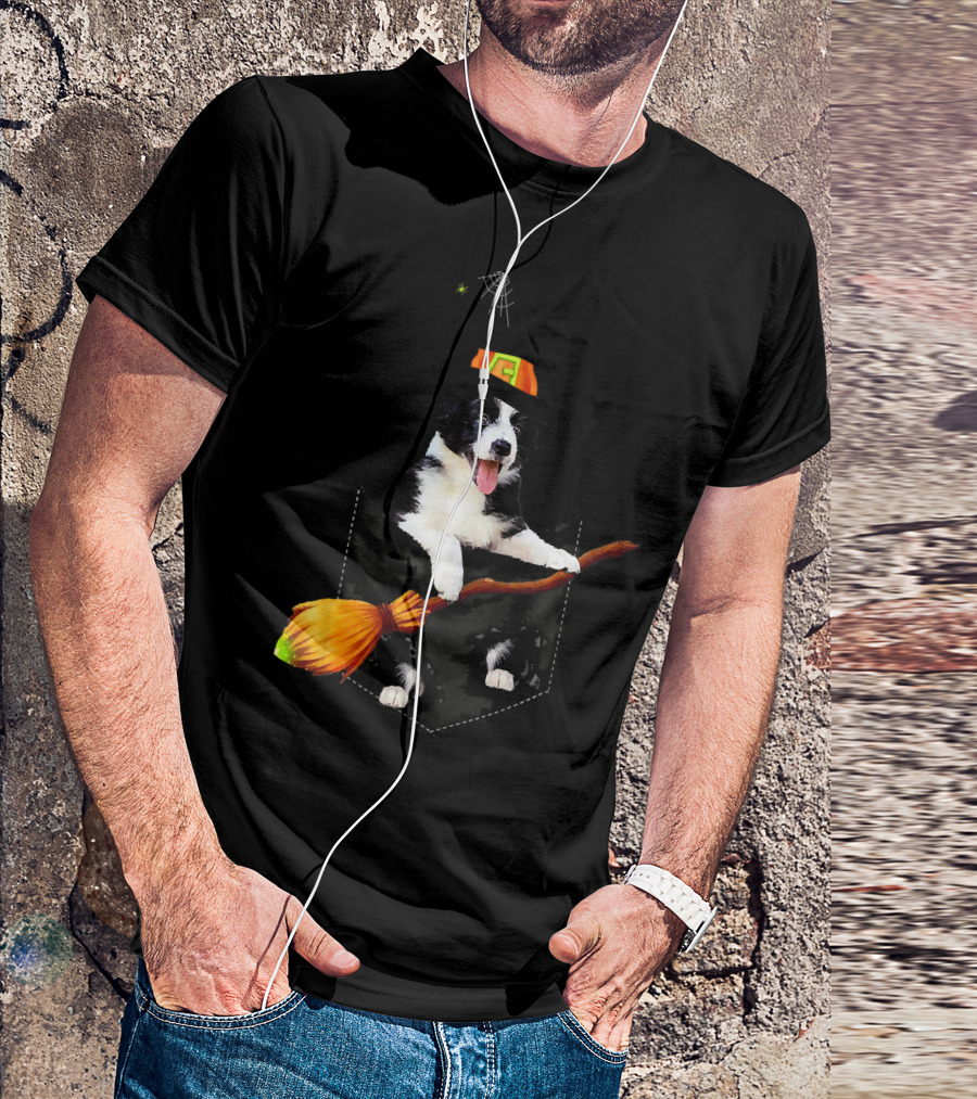 Border Collie Witch Pocket Halloween Dog With Broomstick And Spider Web T-Shirt