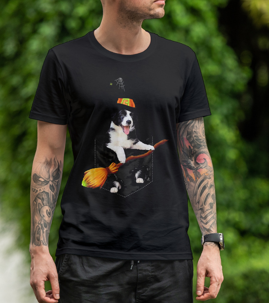Border Collie Witch Pocket Halloween Dog With Broomstick And Spider Web T-Shirt