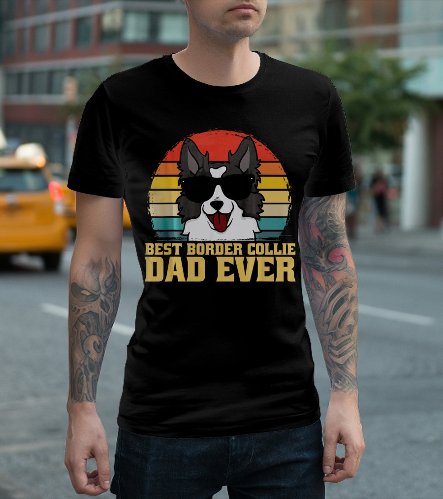 Best Border Collie Dad Ever Vintage Sunset T-Shirt