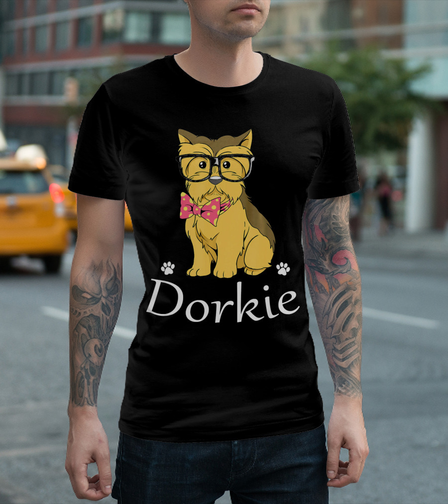 Dorkie Yorkshire Terrier Wearing Glasses and Bow Tie with Paw Prints T-Shirt