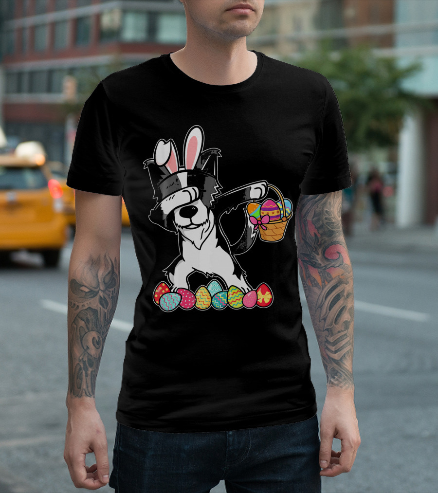 Border Collie Dabbing with Easter Bunny Ears and Egg Basket T-Shirt