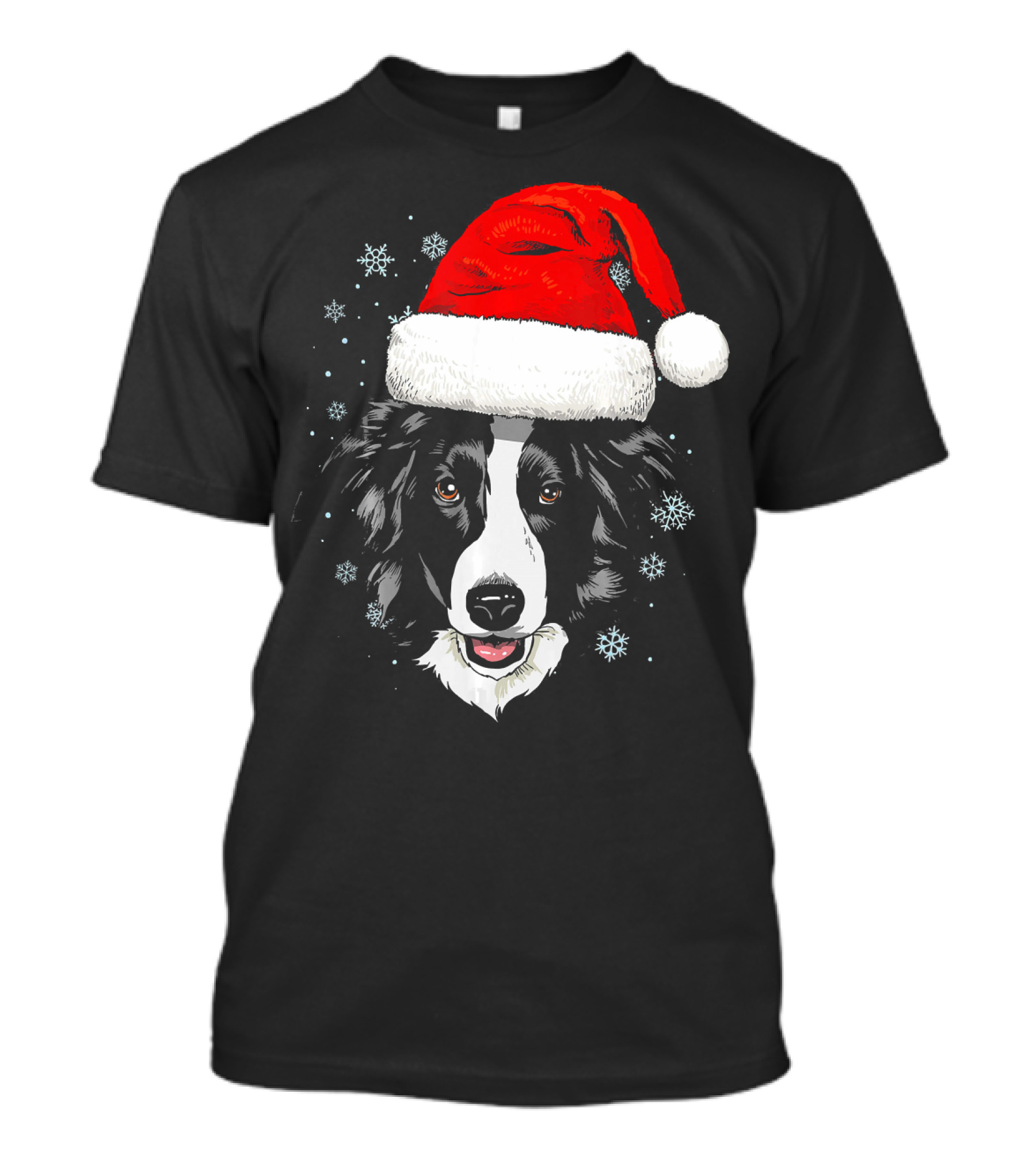 Border Collie Santa Hat Snowflakes Christmas Holiday T-Shirt