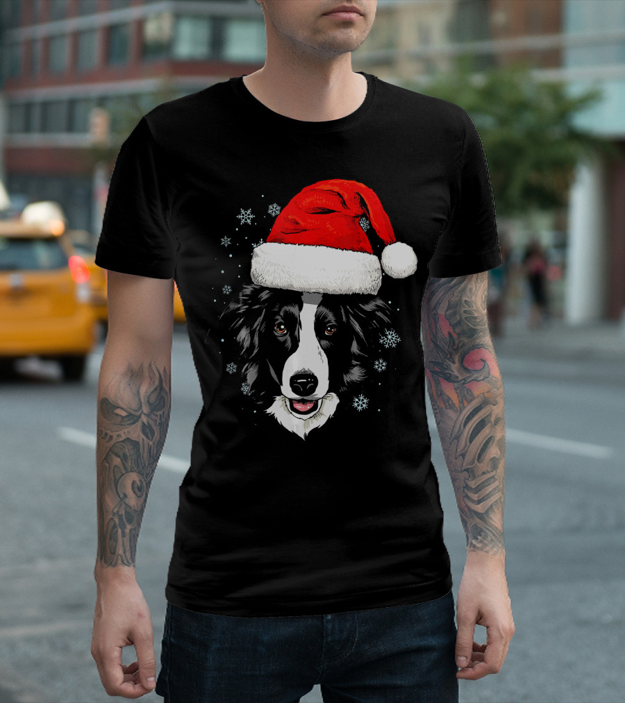 Border Collie Santa Hat Snowflakes Christmas Holiday T-Shirt