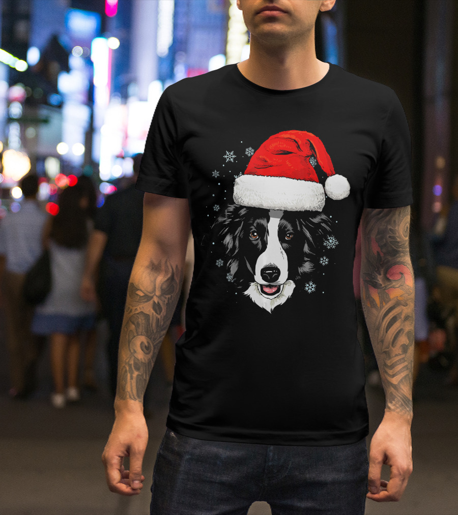 Border Collie Santa Hat Snowflakes Christmas Holiday T-Shirt