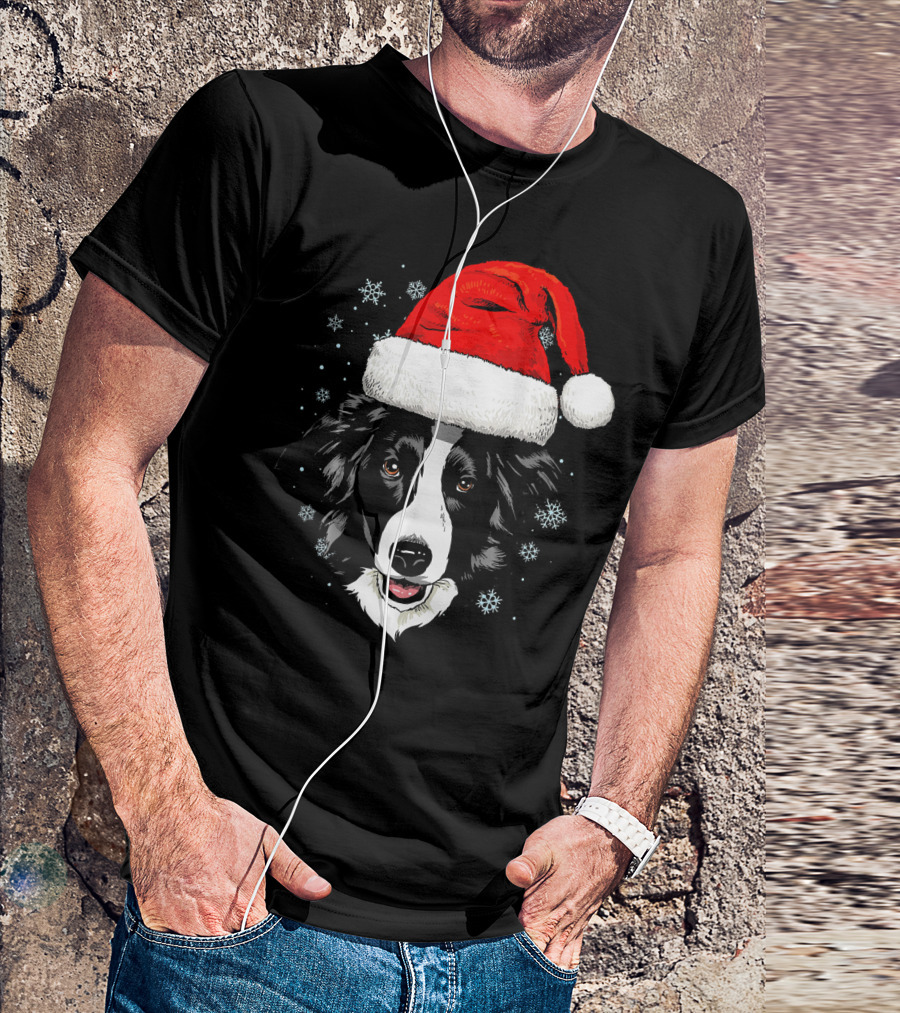 Border Collie Santa Hat Snowflakes Christmas Holiday T-Shirt