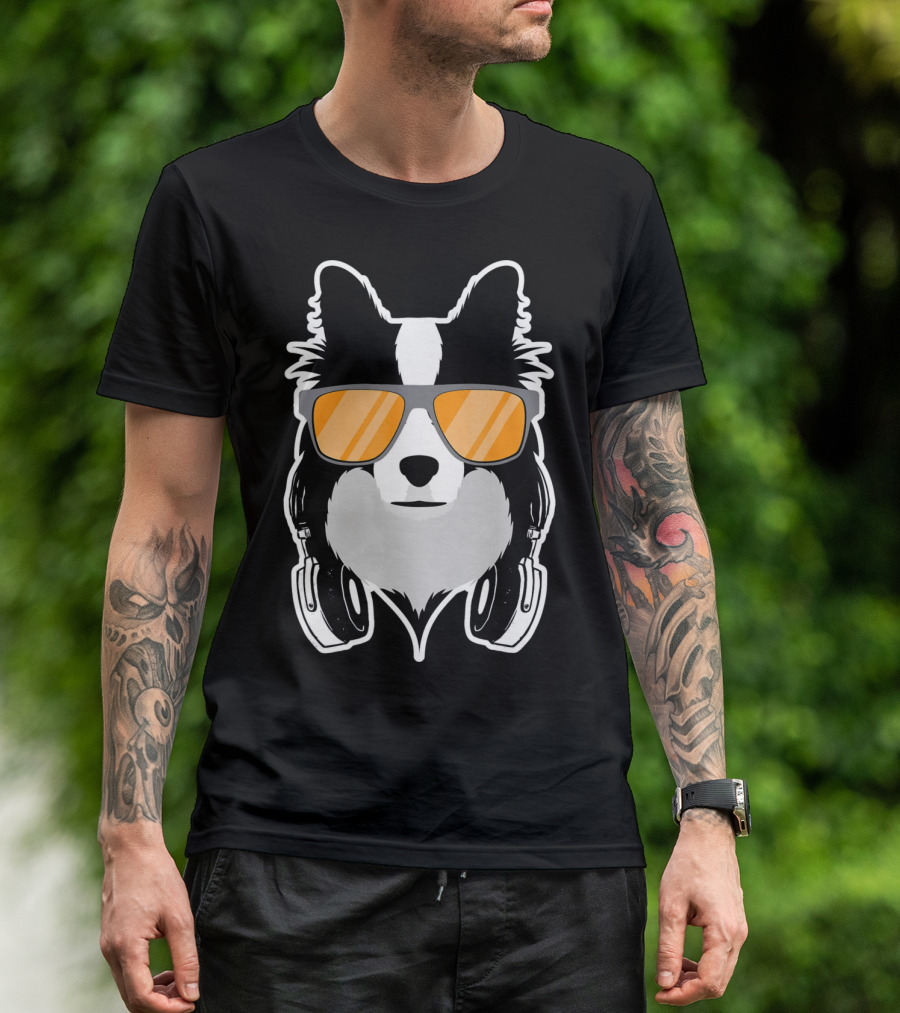 DJ Collie Border Collie Sunglasses Headphones T-Shirt