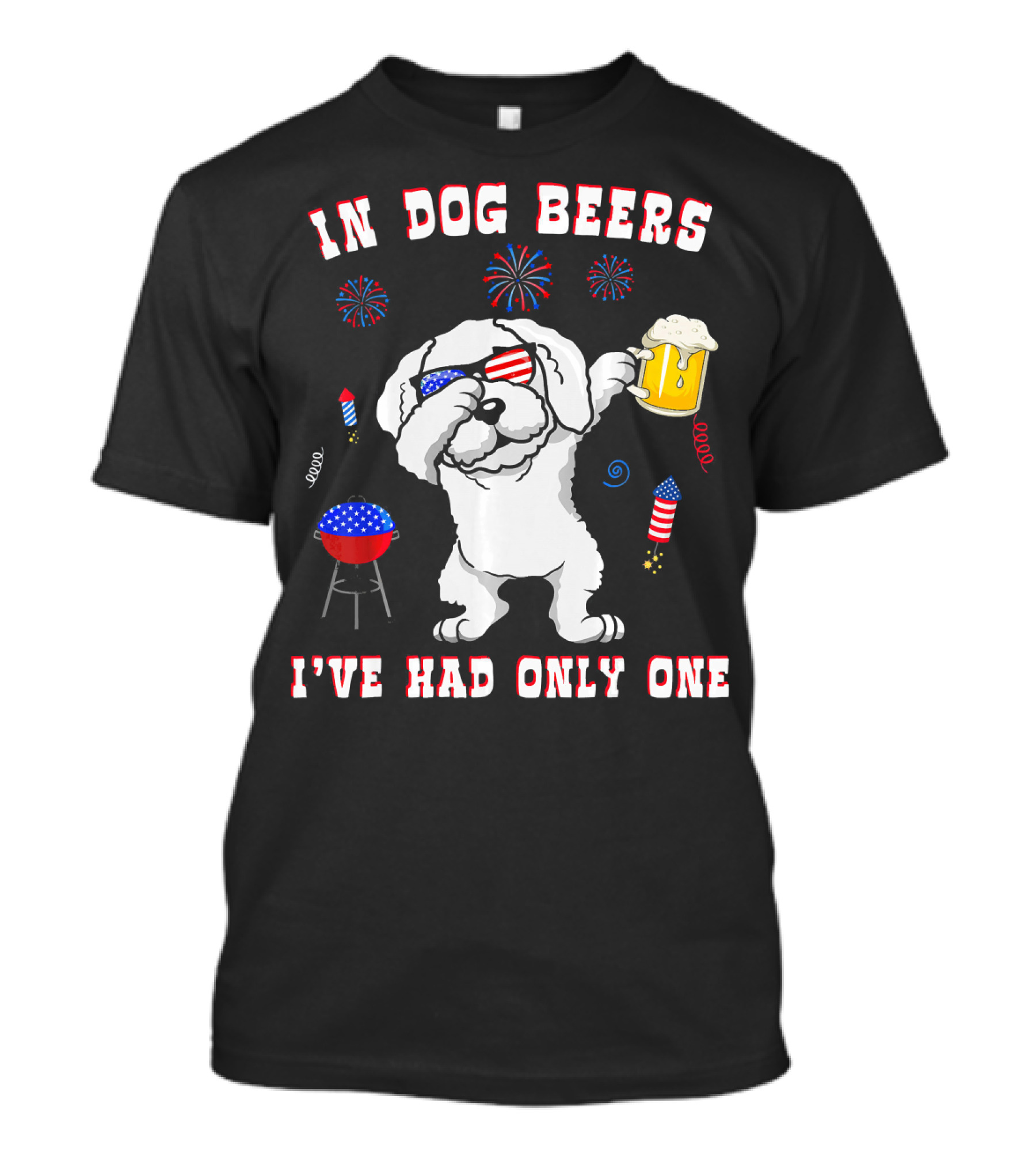 In Dog Beers Bichon Frise American Sunglasses USA Fireworks And Beer T-Shirt