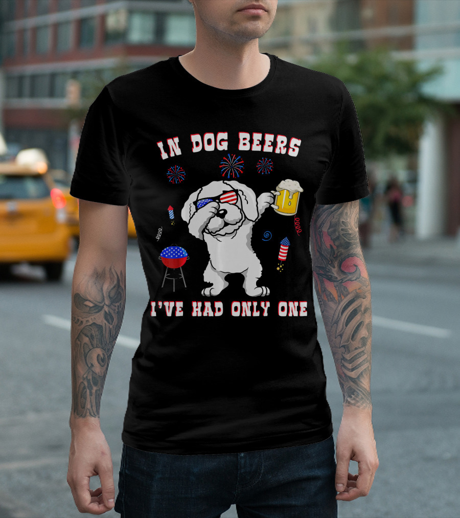 In Dog Beers Bichon Frise American Sunglasses USA Fireworks And Beer T-Shirt