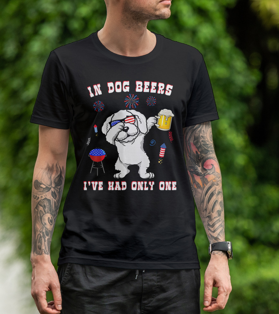 In Dog Beers Bichon Frise American Sunglasses USA Fireworks And Beer T-Shirt