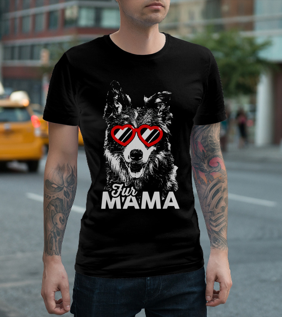 Fur Mama Border Collie with Heart Sunglasses T-Shirt