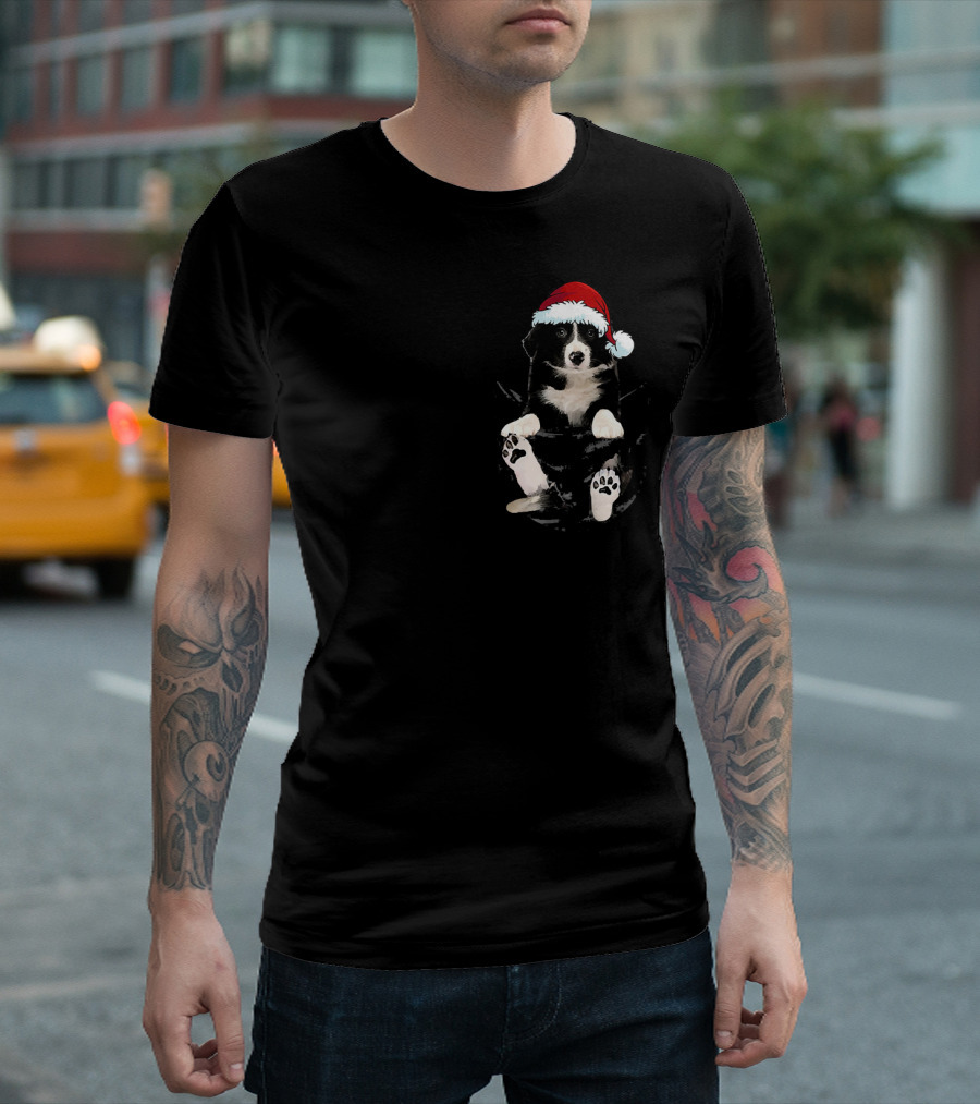 Border Collie Puppy in Santa Hat Pocket T-Shirt