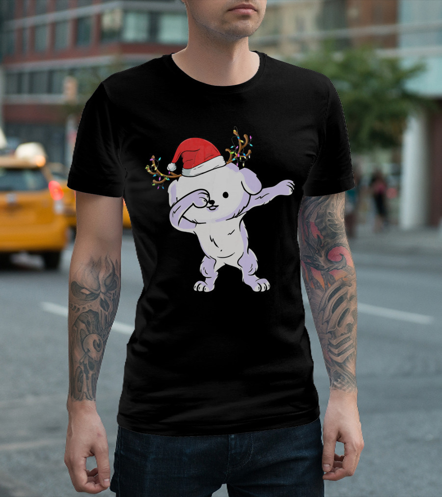 Dabbing Bichon Frise with Santa Hat and Reindeer Antlers T-Shirt