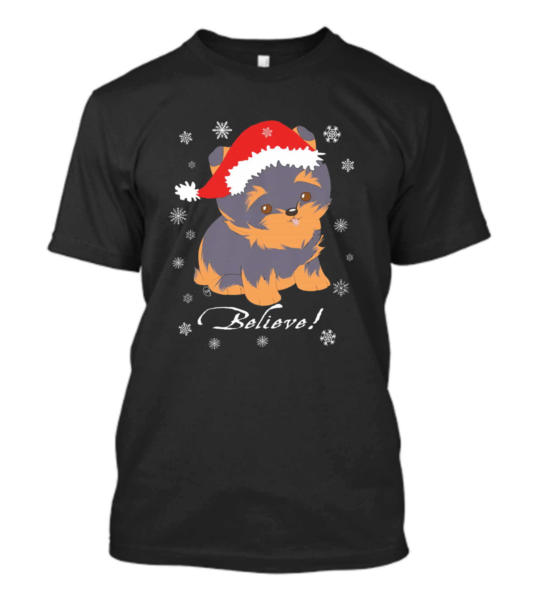 Cute Yorkie Puppy In Santa Hat And Snowflakes Believe T-Shirt