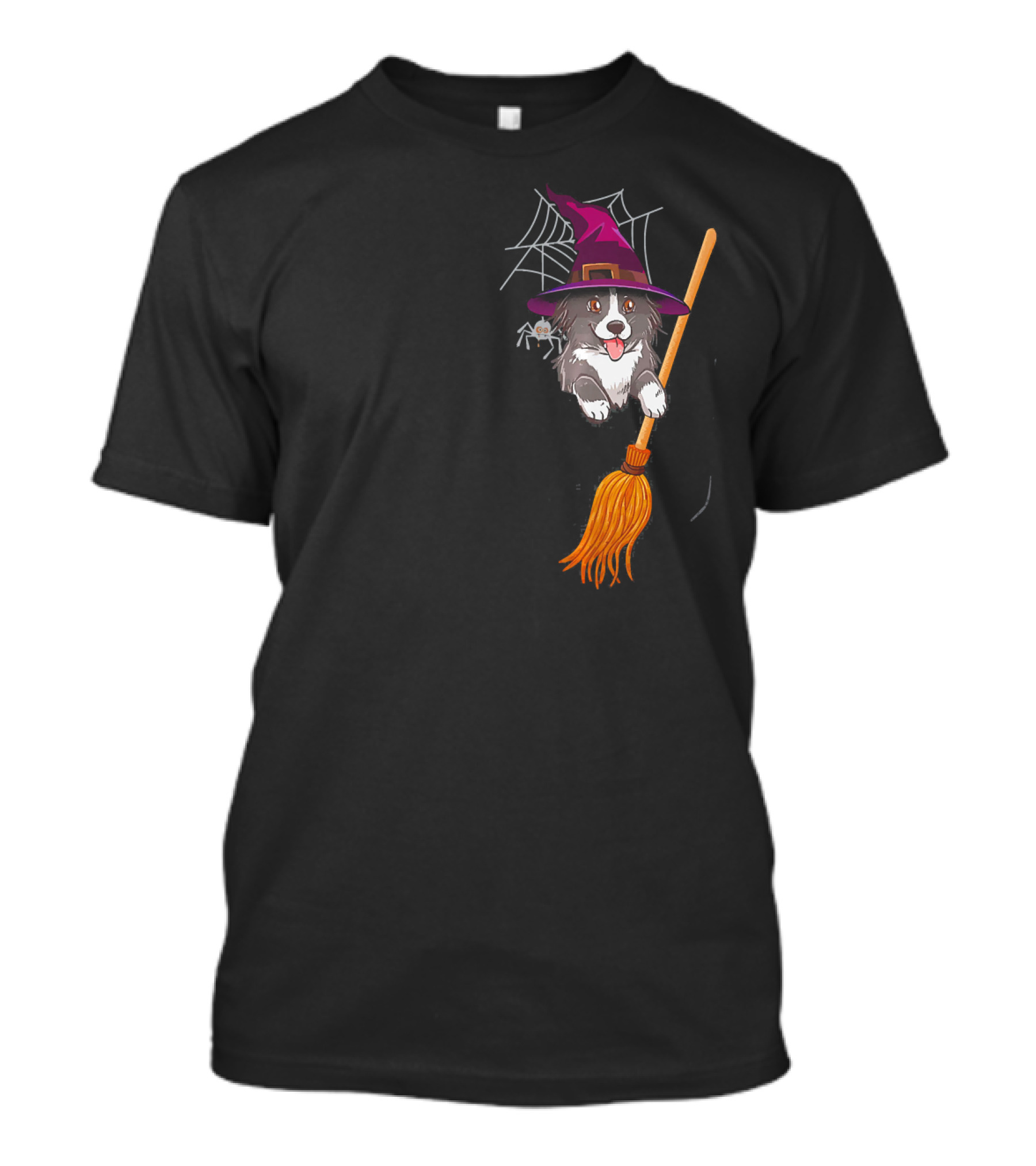 Border Collie Witch On Broomstick With Spider Web Halloween Pocket T-Shirt