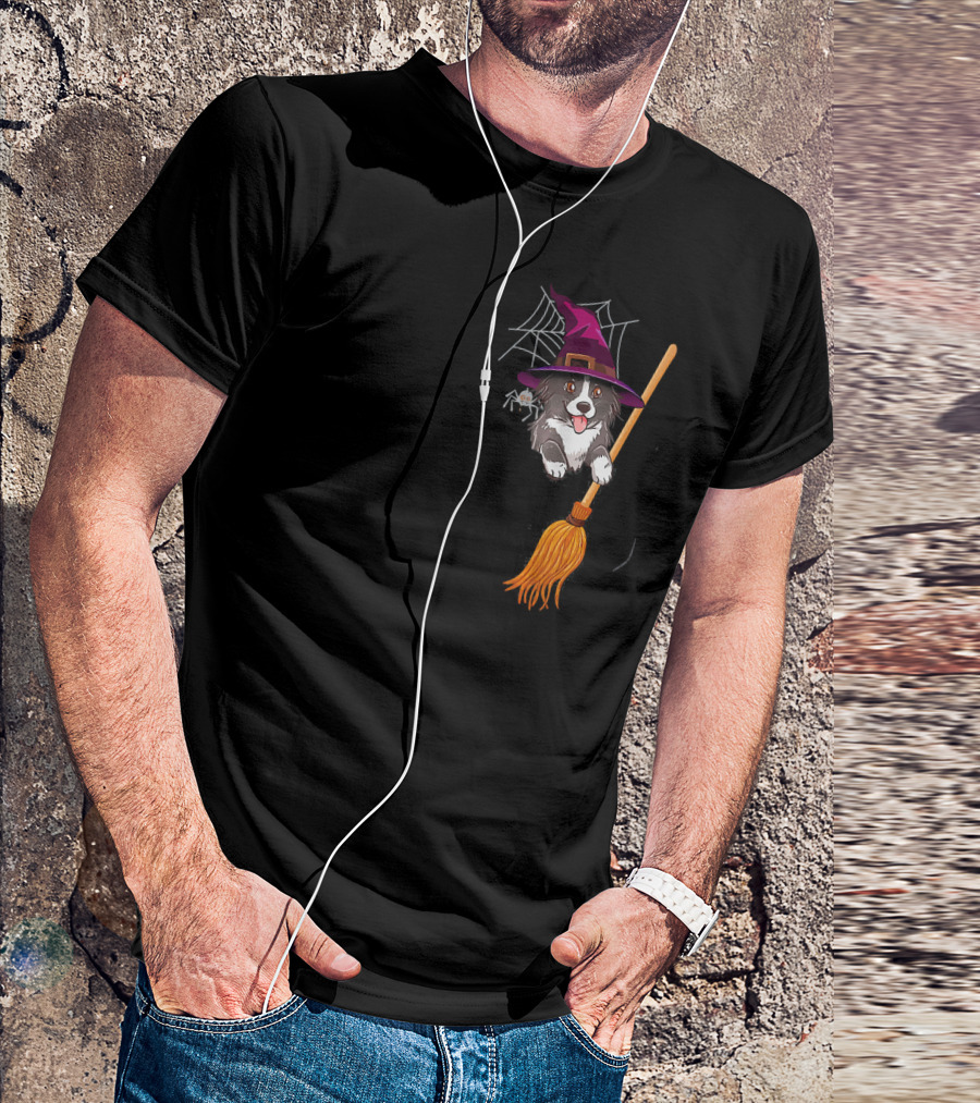 Border Collie Witch On Broomstick With Spider Web Halloween Pocket T-Shirt