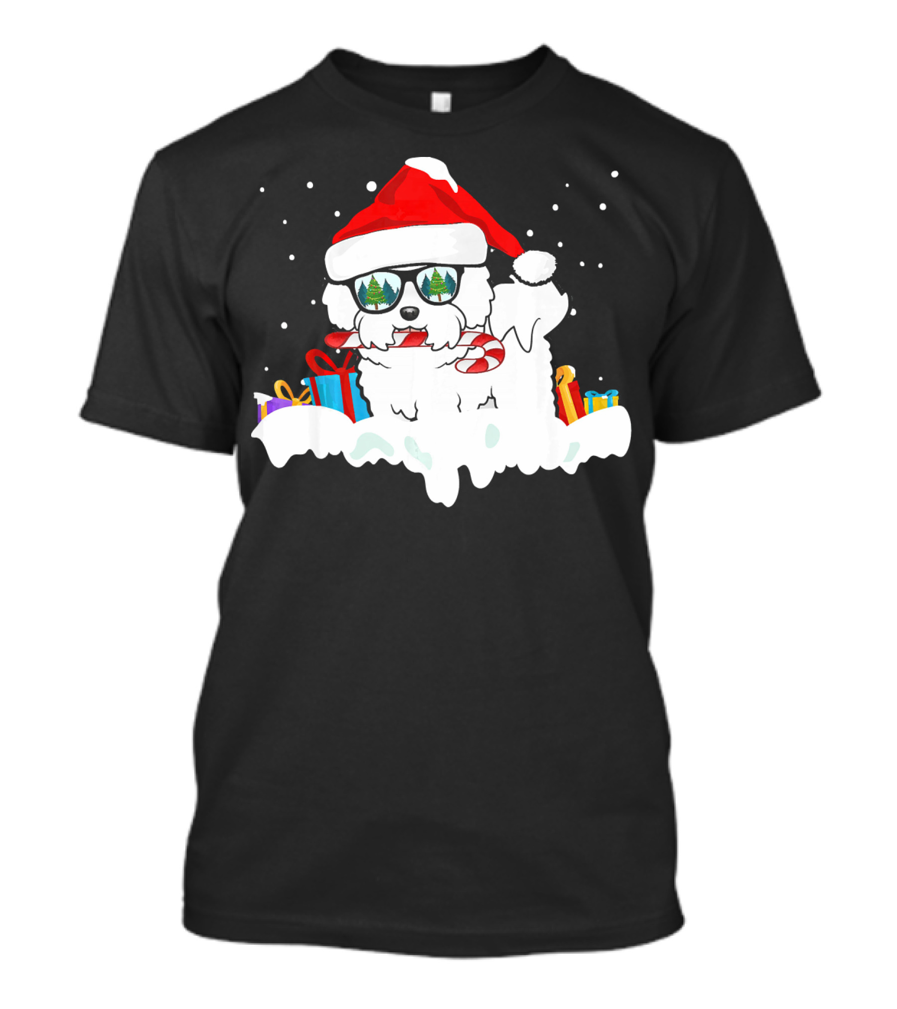 Bichon Frise Santa Candy Cane Gifts And Festive Snowflakes T-Shirt