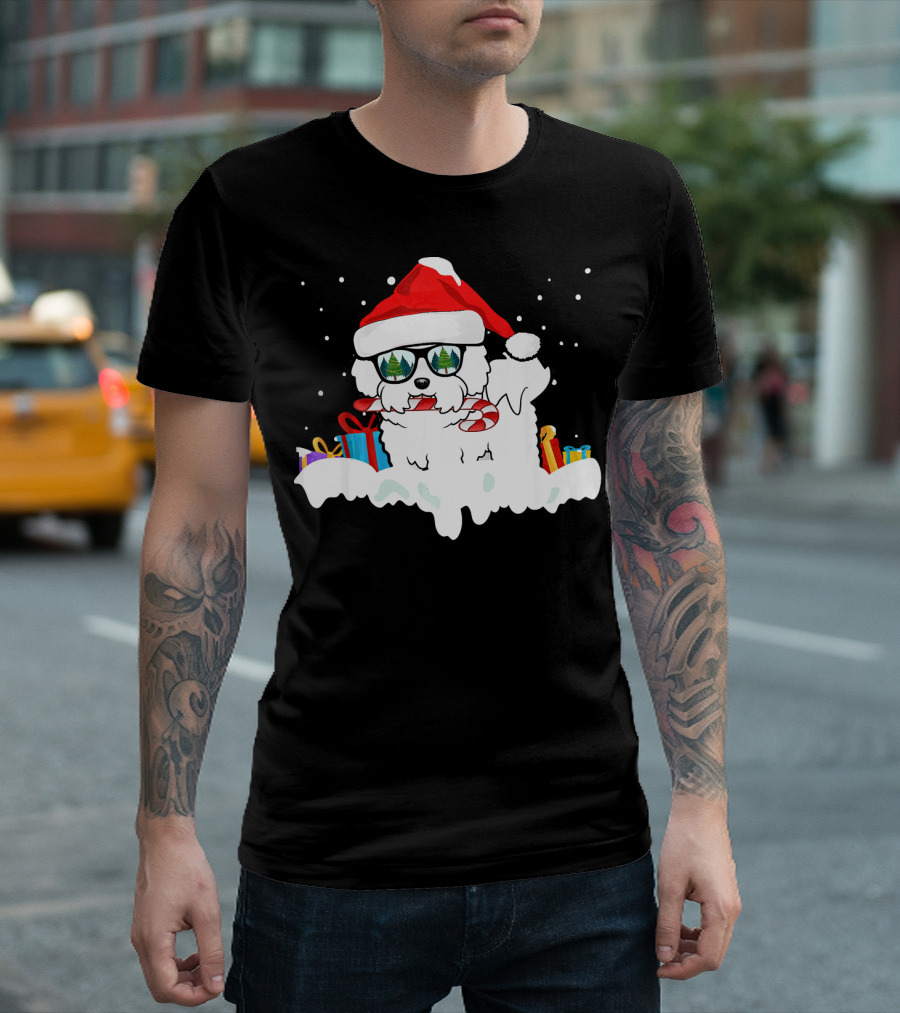 Bichon Frise Santa Candy Cane Gifts And Festive Snowflakes T-Shirt
