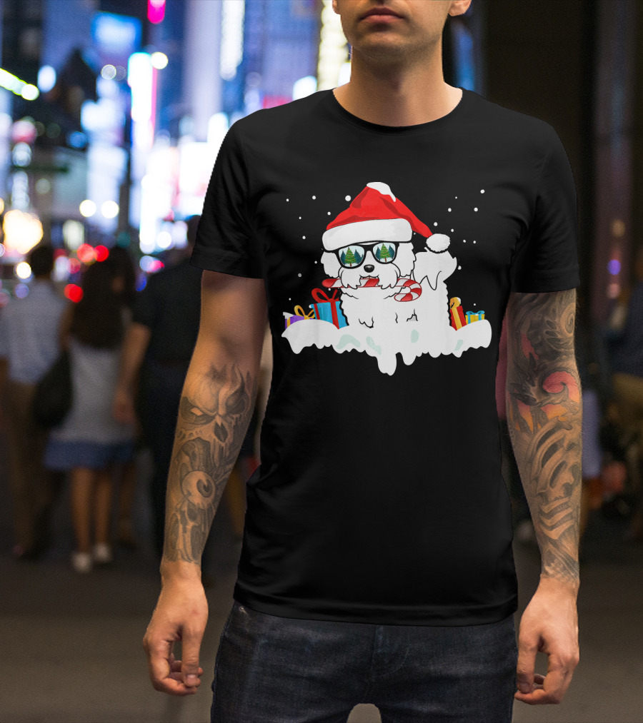 Bichon Frise Santa Candy Cane Gifts And Festive Snowflakes T-Shirt