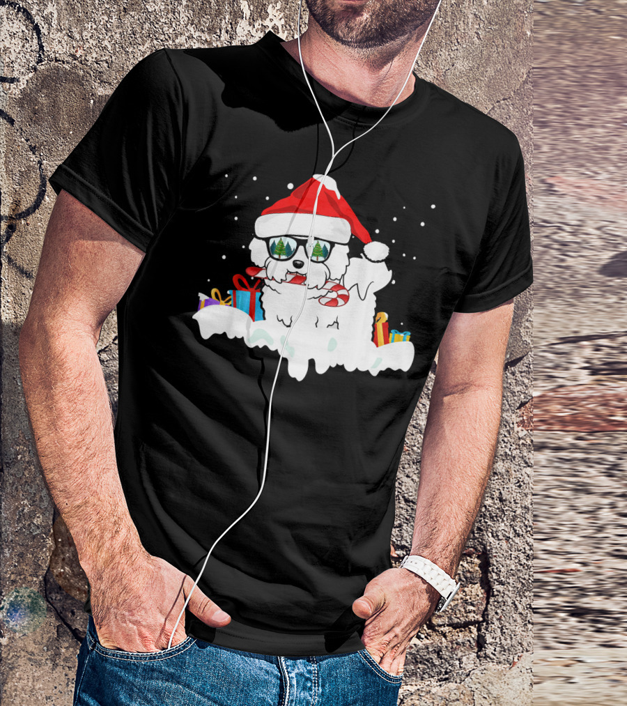 Bichon Frise Santa Candy Cane Gifts And Festive Snowflakes T-Shirt