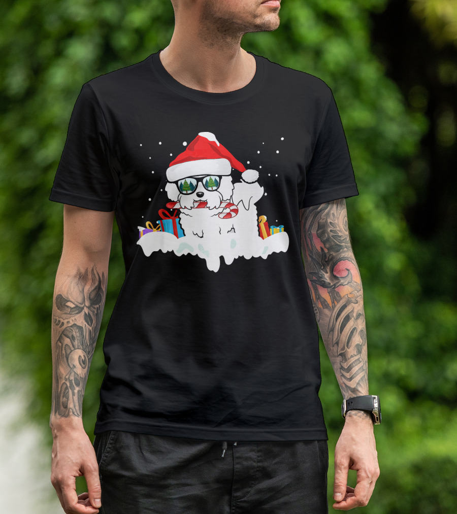 Bichon Frise Santa Candy Cane Gifts And Festive Snowflakes T-Shirt