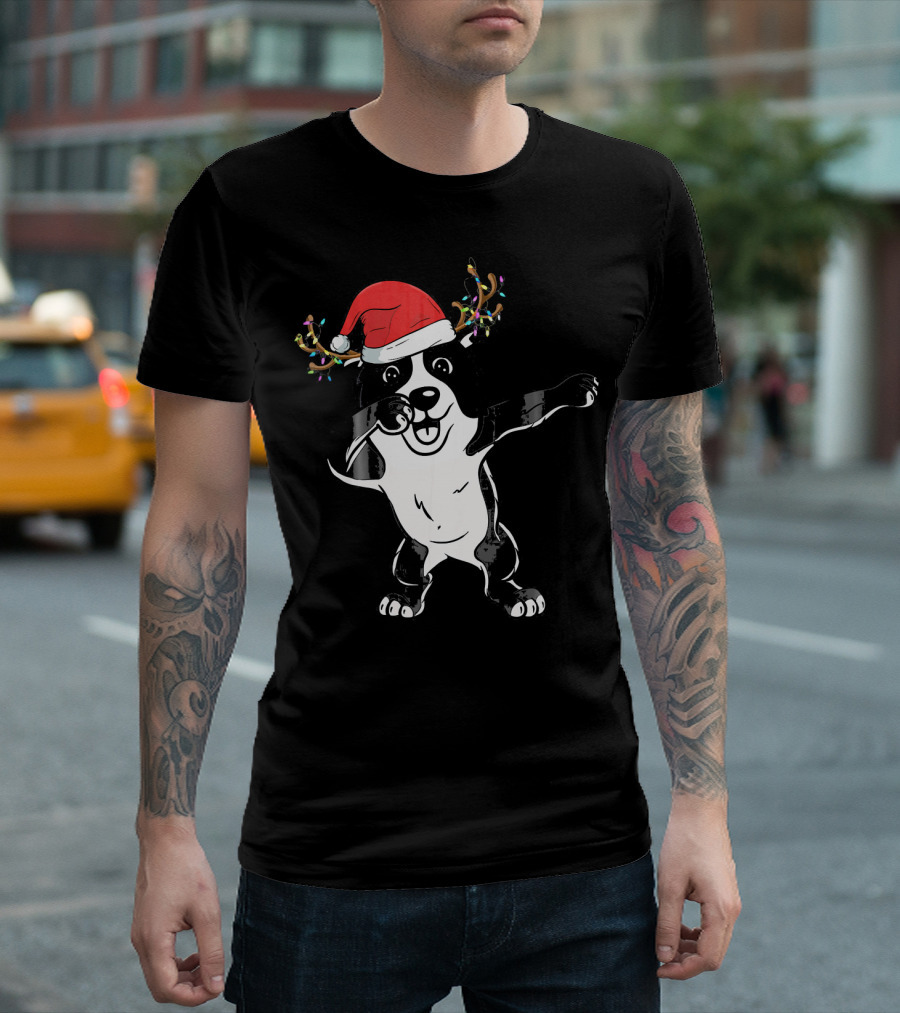 Dabbing Border Collie With Santa Hat And Reindeer Antlers T-Shirt