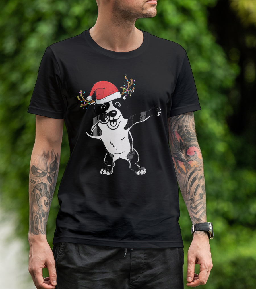 Dabbing Border Collie With Santa Hat And Reindeer Antlers T-Shirt