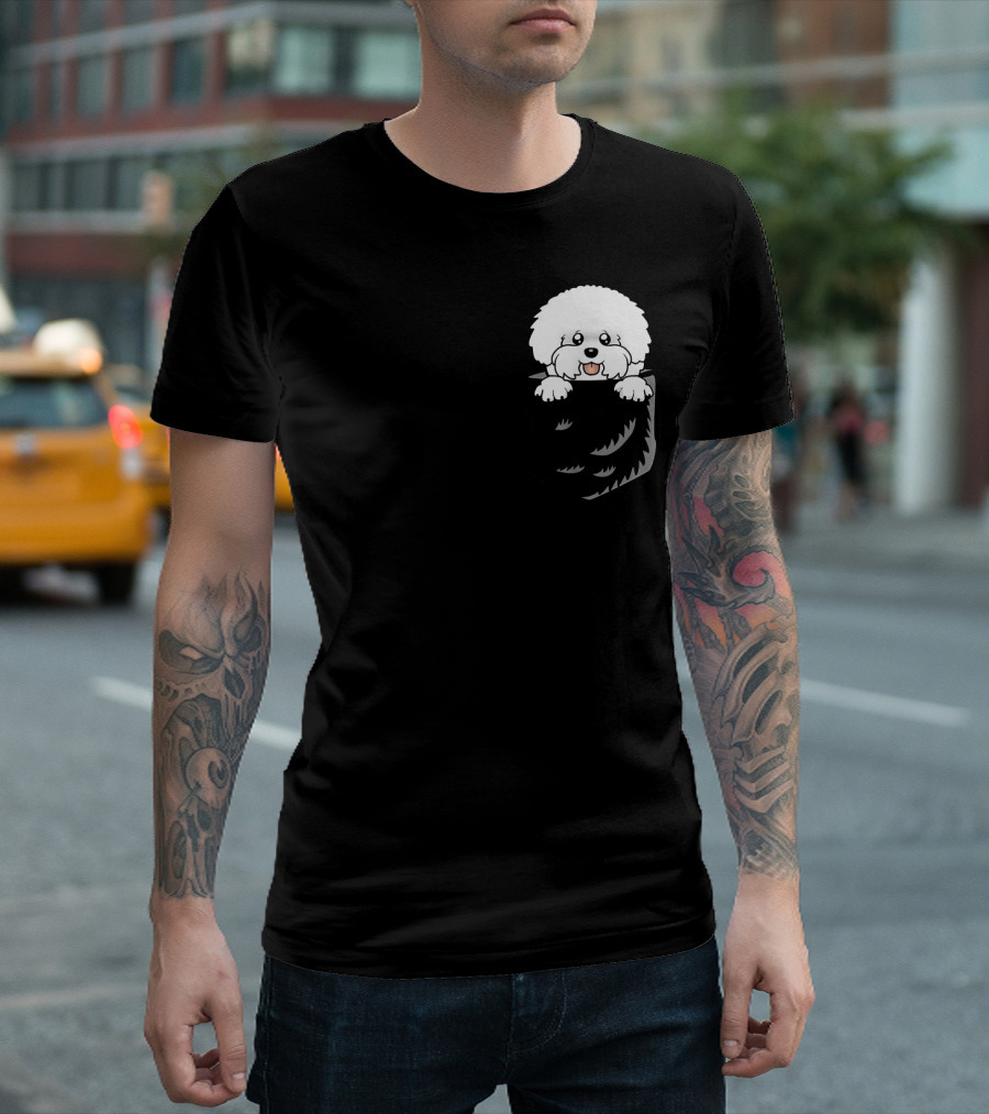 Adorable Bichon Frise Peeking from Pocket T-Shirt