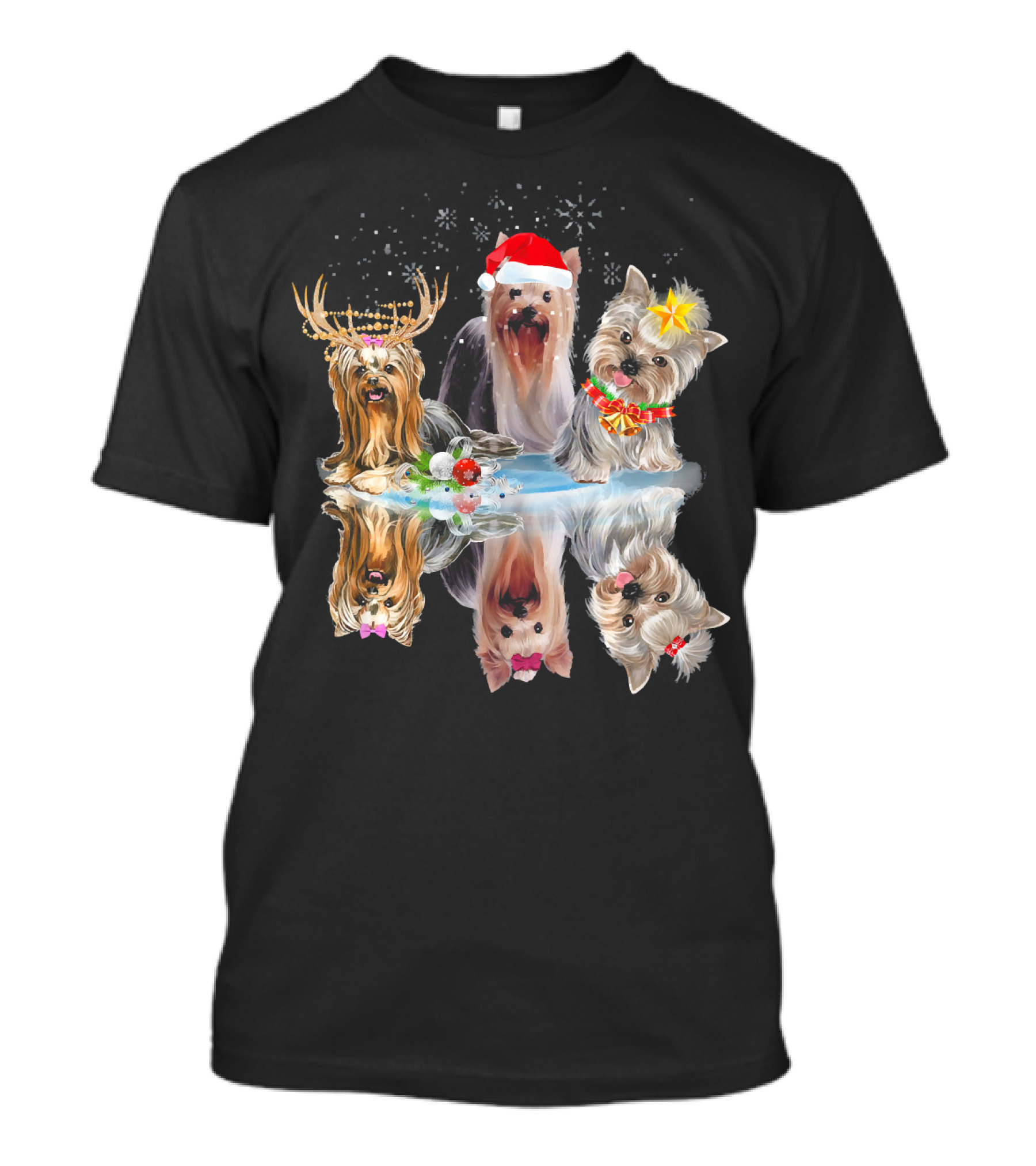 Three Yorkshire Terrier Dog Reflection Christmas Holiday T-Shirt