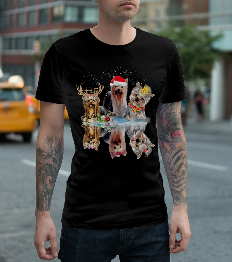 Three Yorkshire Terrier Dog Reflection Christmas Holiday T-Shirt