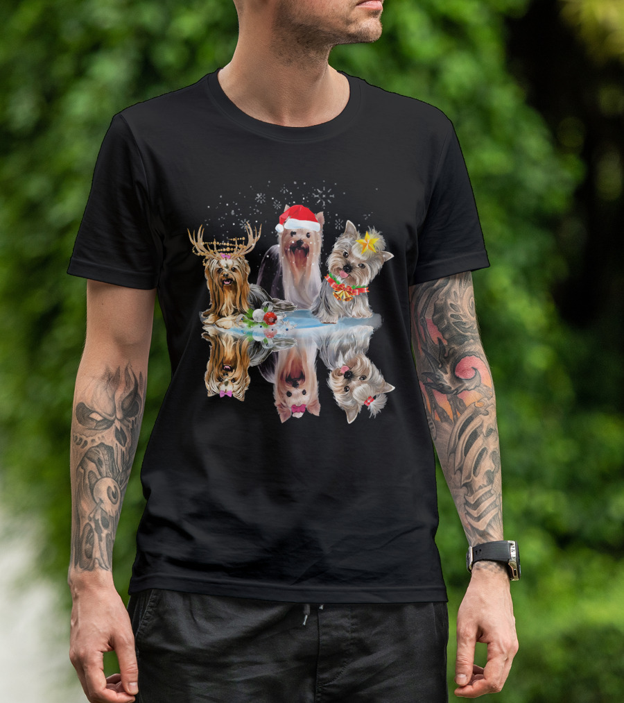 Three Yorkshire Terrier Dog Reflection Christmas Holiday T-Shirt