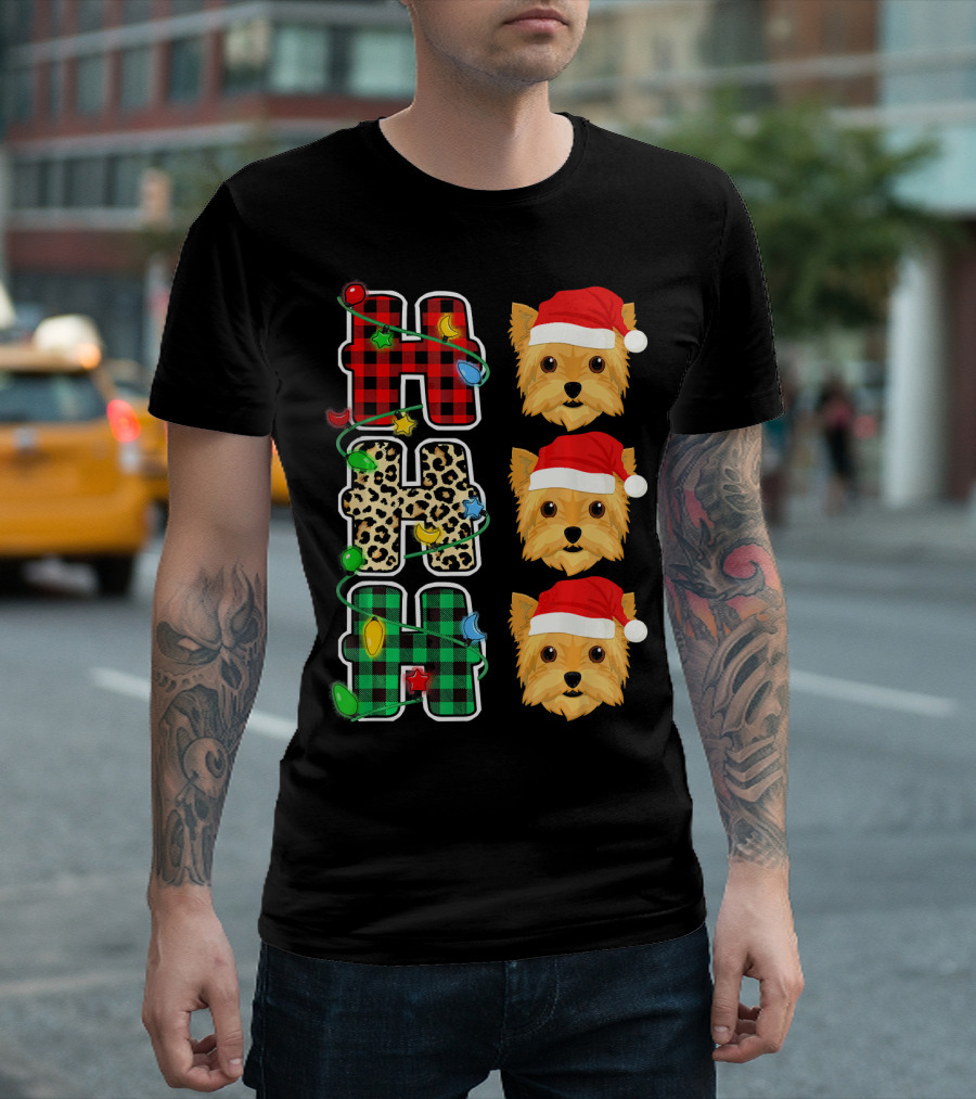 HO HO HO Christmas Lights Santa Hat Yorkie Plaid Leopard T-Shirt