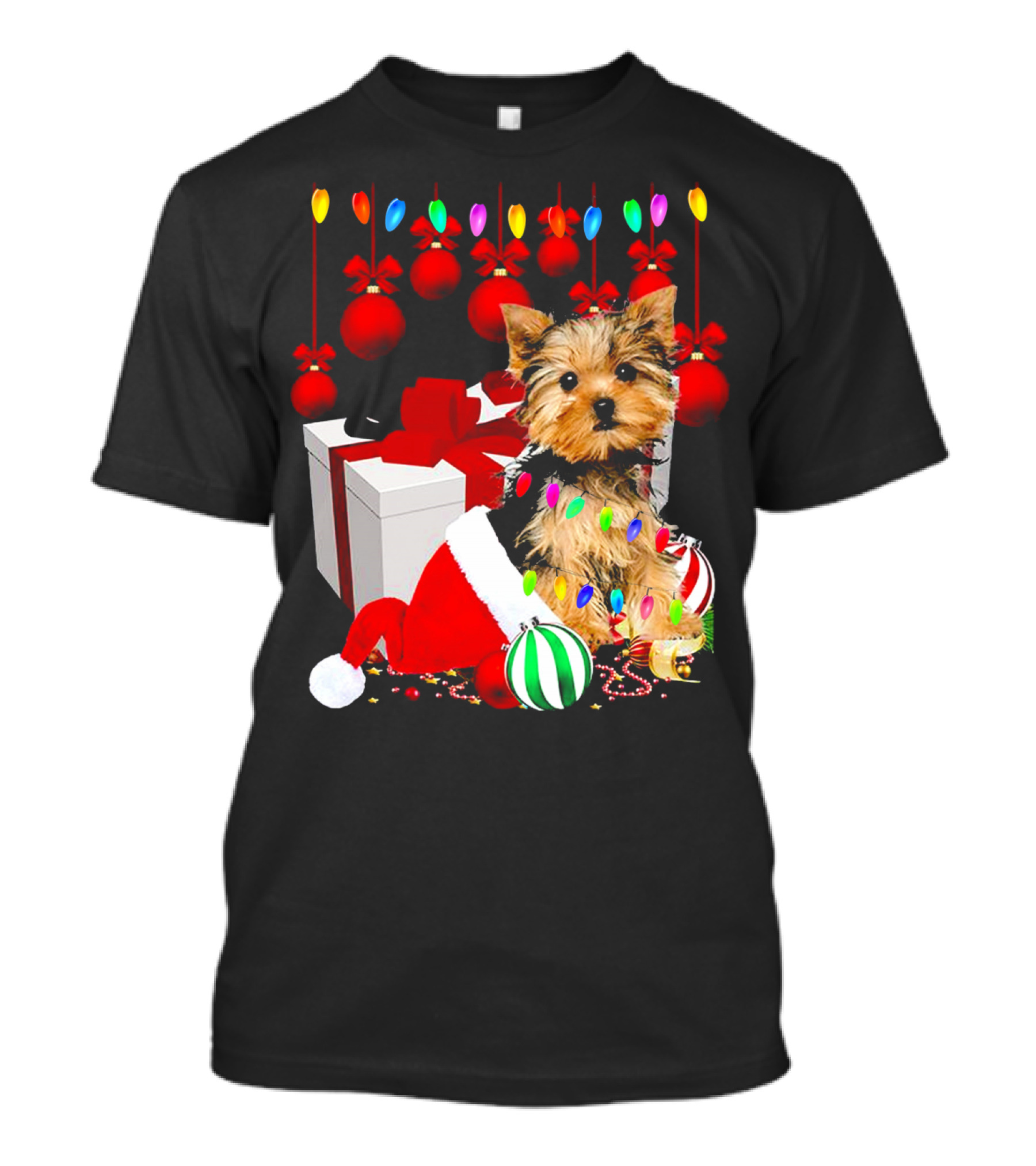 Yorkie Puppy In Santa Hat With Christmas Ornaments And Lights T-Shirt