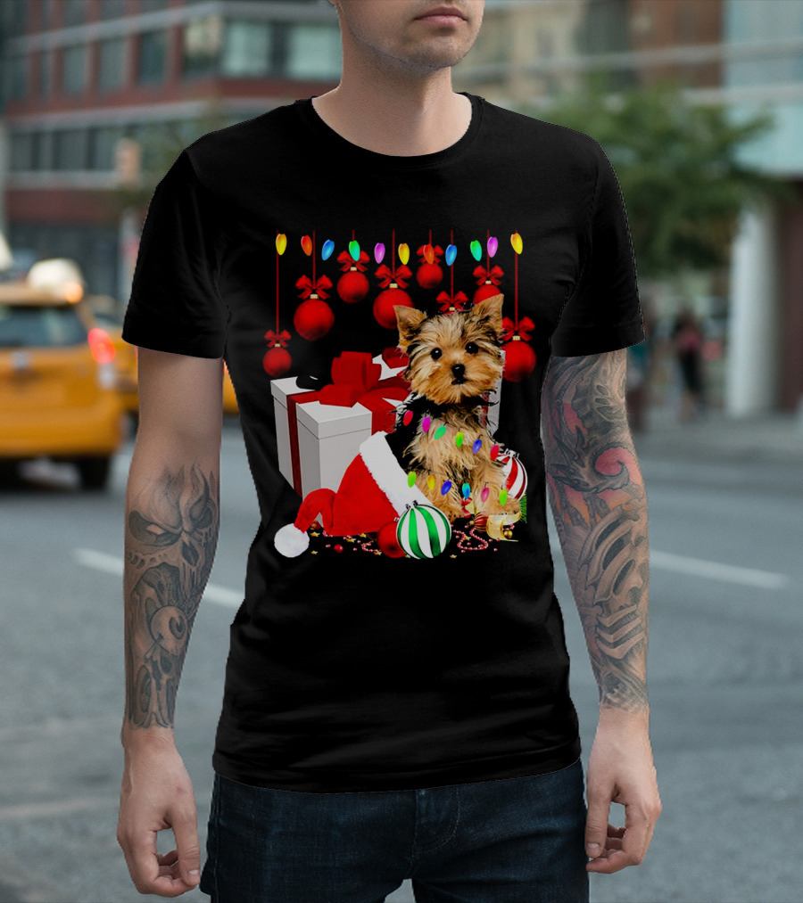 Yorkie Puppy In Santa Hat With Christmas Ornaments And Lights T-Shirt