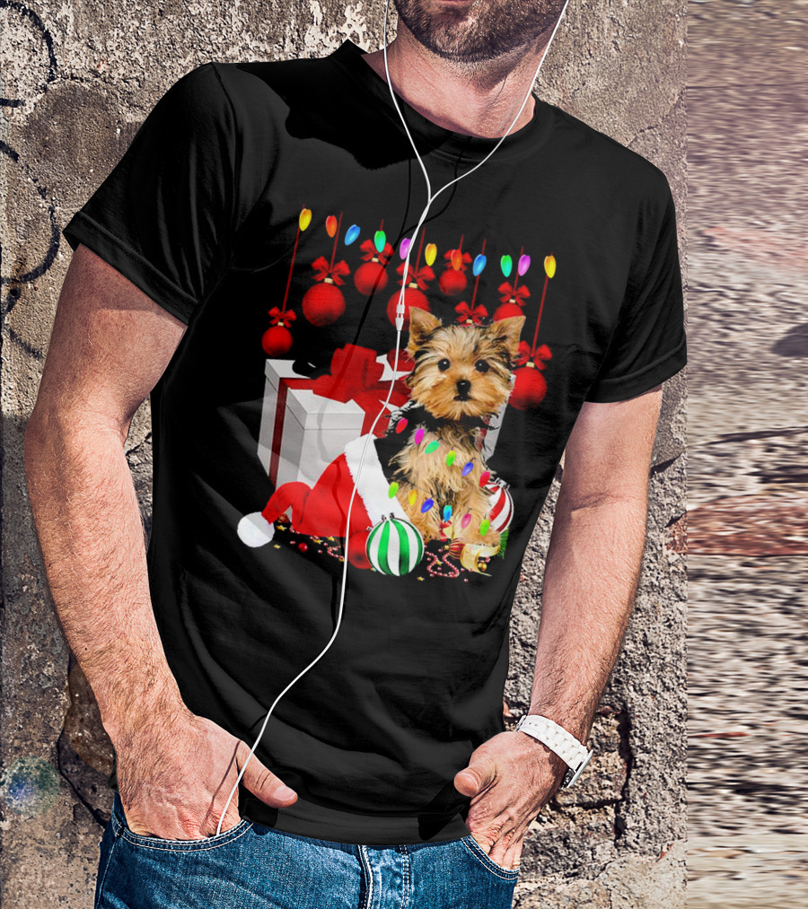 Yorkie Puppy In Santa Hat With Christmas Ornaments And Lights T-Shirt