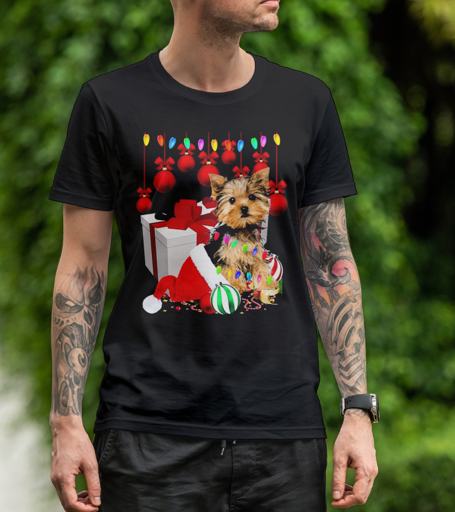 Yorkie Puppy In Santa Hat With Christmas Ornaments And Lights T-Shirt