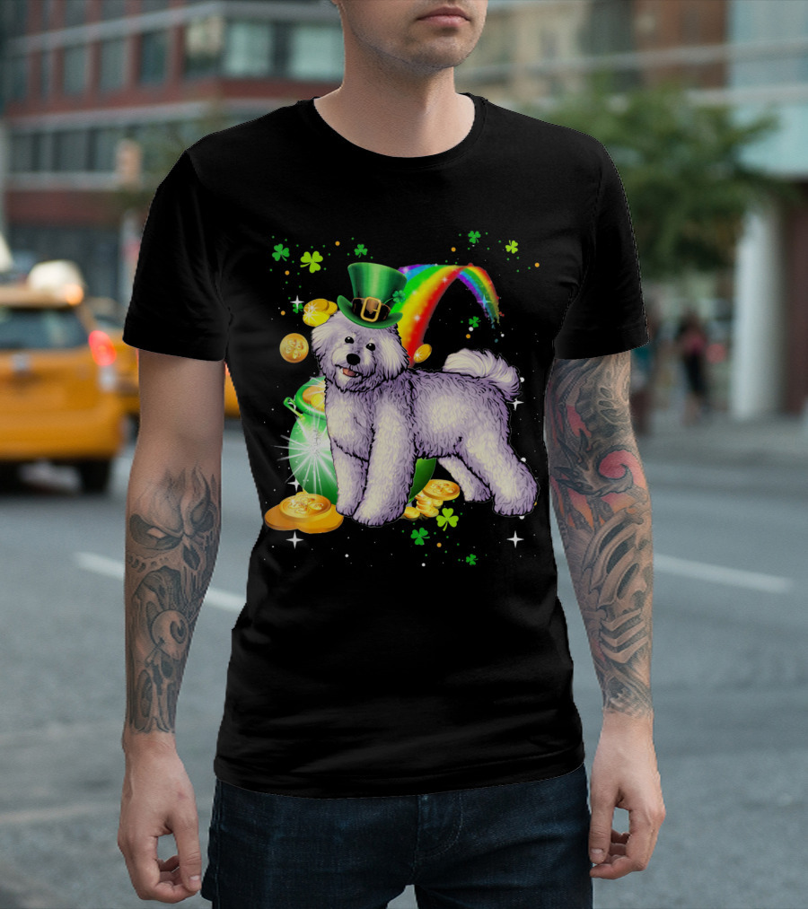 St Patricks Day Bichon Frise with Leprechaun Hat and Rainbow Gold Coins T-Shirt