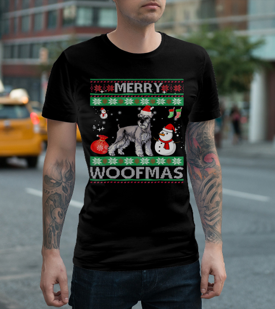 Merry Woofmas Giant Schnauzer Christmas Snowman Santa Hat Festive T-Shirt