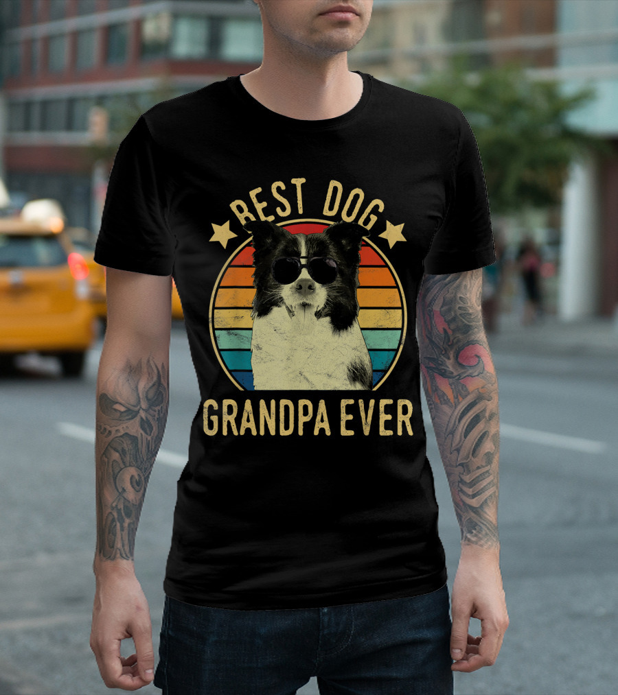 Best Dog Grandpa Ever Border Collie Retro Style Stars and Sunglasses T-Shirt