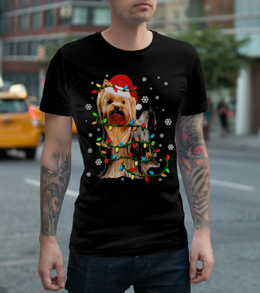 Yorkie Christmas Dog with Santa Hat and Holiday Lights Snowflakes T-Shirt