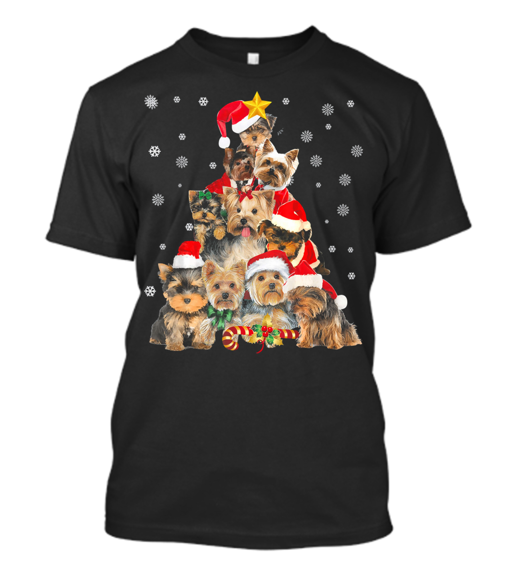 Santa Yorkie Christmas Tree With Snowflakes And Candy Cane T-Shirt